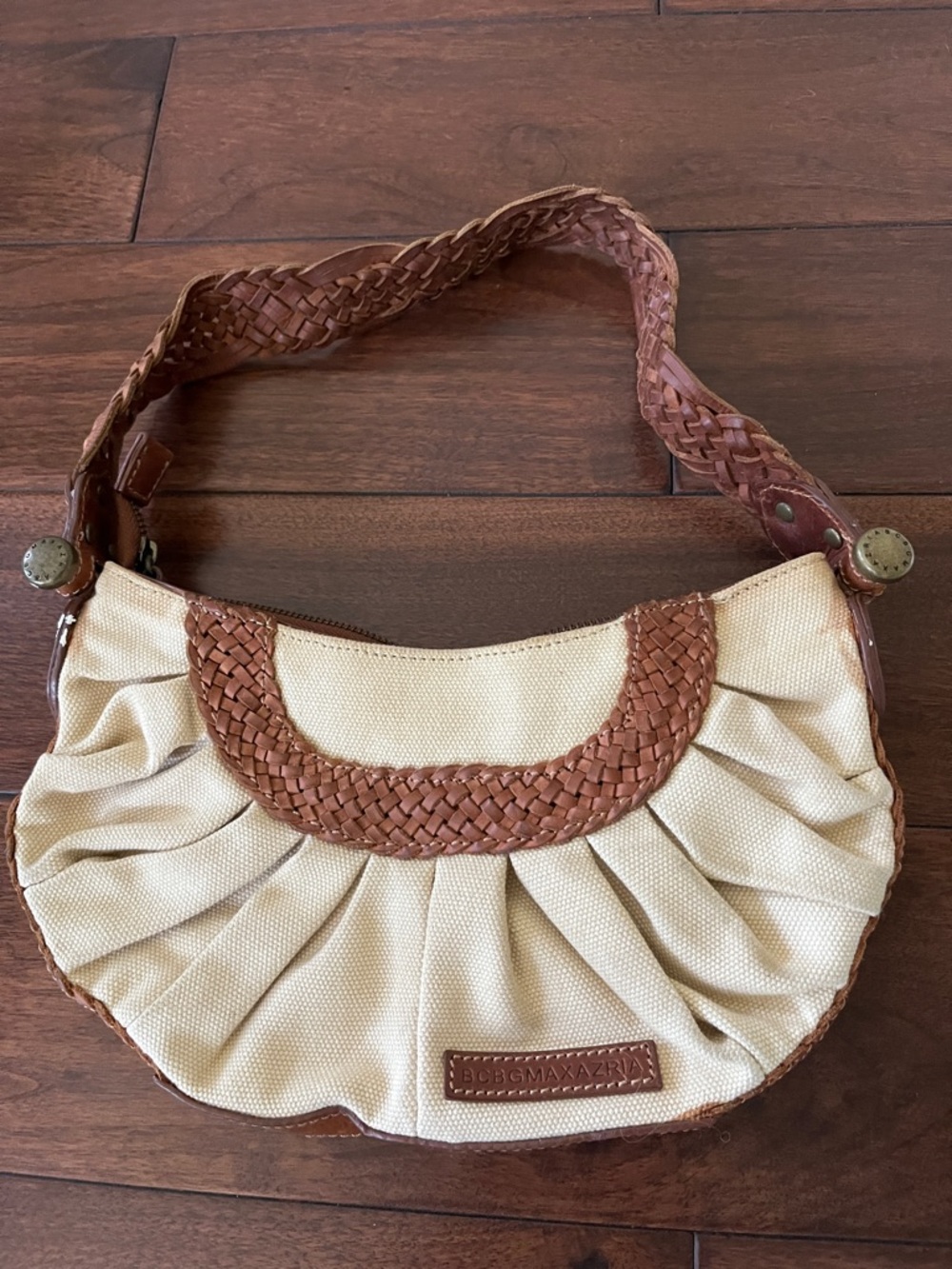 BCBGMaxAzria Cream and Brown Woven Shoulder Bag